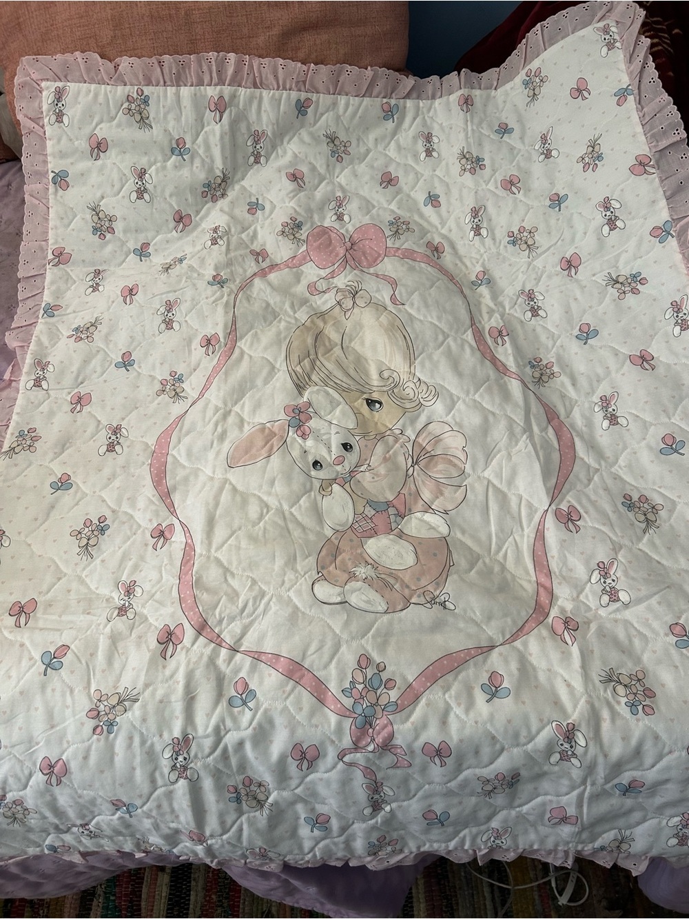 Vtg 80s Precious Moments Quilted Baby Blanket Girl Cuddle Bunny Flowers Bow Cute